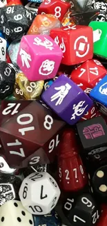 A vibrant collage of colorful polyhedral dice for gaming.