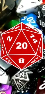 Colorful dice collection featuring a red d20.