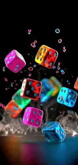 Colorful dice floating with bubbles against a black background.