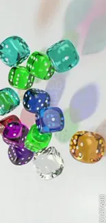 Colorful transparent dice falling in a dynamic mobile wallpaper.