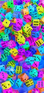 Colorful neon dice falling artfully.