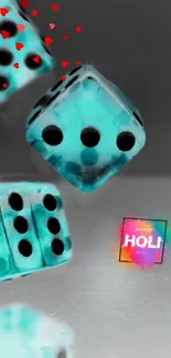 Vibrant turquoise dice with Holi text and colorful accents.