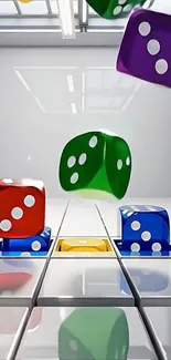Colorful dice in vibrant motion on a white tiled surface.
