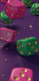 Vibrant floating dice on purple background.