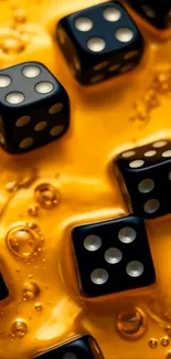 Black dice on a glossy golden liquid background.
