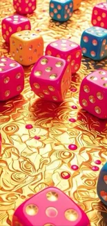 Colorful dice scattered on a golden background.