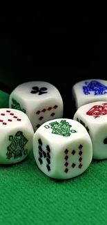 Colorful dice spread on a green felt surface.