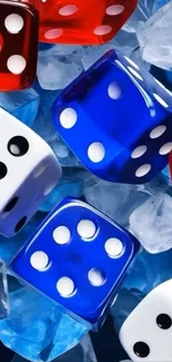Colorful dice on an icy background, creating vibrant contrasts.