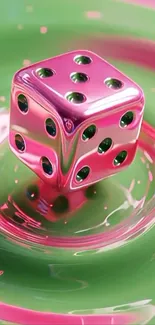 Metallic pink dice floating on a green liquid swirl.