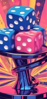 Colorful dice stacked on swirling stand with vibrant background.