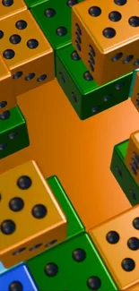 Vibrant dice forming a colorful pattern.