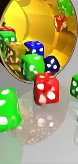 Colorful dice tumbling from a reflective golden cup on a phone wallpaper.