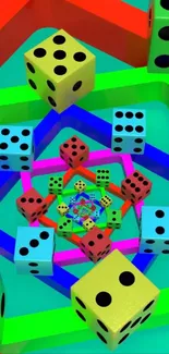 Vibrant spiral of colorful dice in abstract design.