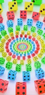 Vibrant spiral of colorful dice creating a dynamic pattern.