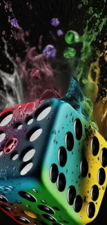 Colorful dice with splashes on a black background wallpaper.