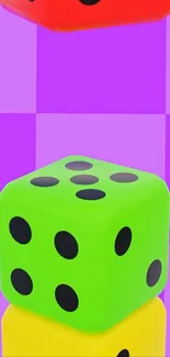 Colorful 3D dice on vibrant checkered background.