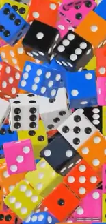 Vibrant and colorful dice wallpaper with scattered arrangement.