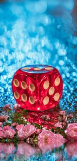 Red dice and pink roses on a blue sparkling background.