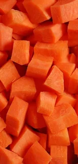 Close-up of vibrant diced carrots creating a colorful pattern.