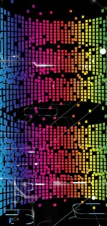 Colorful geometric digital wallpaper with black background.