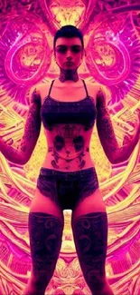 Vibrant neon digital art with tattooed figure.