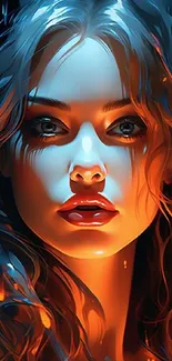 Digital art of a woman with fiery hair and glowing blue highlights.