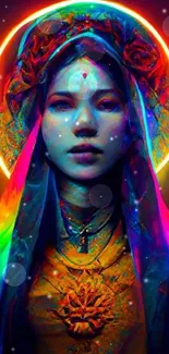 Vibrant digital artwork with neon colors and a captivating figure.