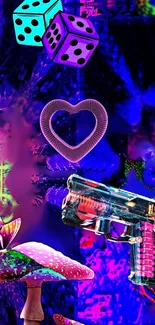 Vibrant digital art with dice, heart, mushroom, and gun in electric purple.