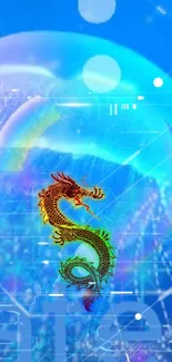 Digital dragon art on blue electric-themed wallpaper.