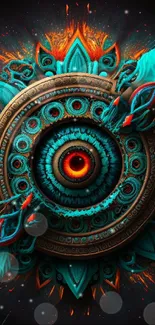 Vibrant mandala art with turquoise and orange hues on a dark background.