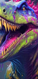 Vibrant dinosaur sci-fi art with colorful splashes on a mobile wallpaper.