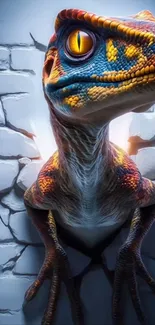 Vibrant artistic dinosaur breaking through a wall.