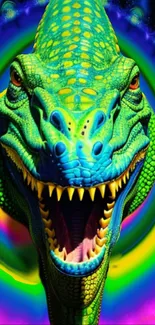 Vibrant green dinosaur art on a colorful background.