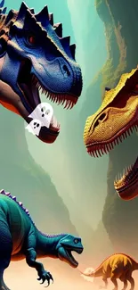 Vibrant dinosaurs in a scenic canyon on mobile wallpaper.