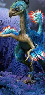 Vibrant blue and green dinosaur with colorful feathers in a purple fern forest.