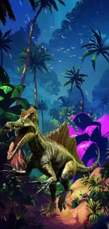 Vivid jungle with a dinosaur in lush greenery