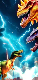 Three vibrant dinosaurs amid lightning sky.