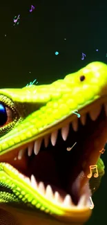 Vibrant green dinosaur with open mouth on a colorful background.