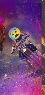 Colorful dirt bike racing scene with vibrant hues and dynamic motion.