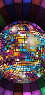 Colorful mosaic disco ball with vibrant tiles.