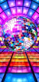 A colorful disco ball reflecting vibrant lights.