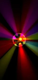 Colorful disco ball with vibrant light beams on a black background.