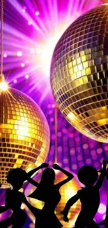 Silhouettes dancing below vibrant disco balls at a colorful 70s-themed party.