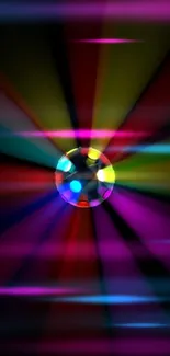 Vibrant disco ball with colorful light rays on a black background.