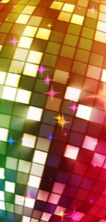 Vibrant disco ball with colorful mosaic tiles and glowing stars.