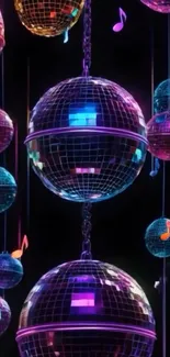 Vibrant disco balls with colorful lights and musical notes.