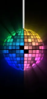 Colorful disco ball wallpaper with a black background and vibrant glow.