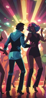 A vibrant disco dance scene with colorful lights and dancing silhouettes.