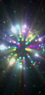 Colorful disco light sphere with vibrant pixels against a dark starry background.