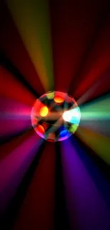 Colorful disco light with vibrant beams on a black background.